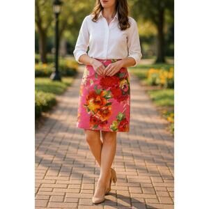 Talbots Floral Pencil Skirt Pink Multicolor Cotton Blend Petites - Size 8P